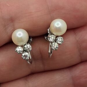 Vintage Screw Back Earrings Faux Pearl Silver Tone Rhinestone Signed
